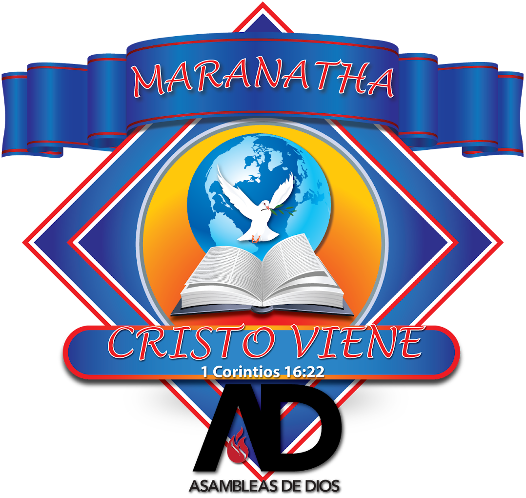 Escudo de la Iglesia Maranatha Asambleas de Dios: diamante azul con globo, paloma y Biblia abierta, sobre el lema Cristo Viene